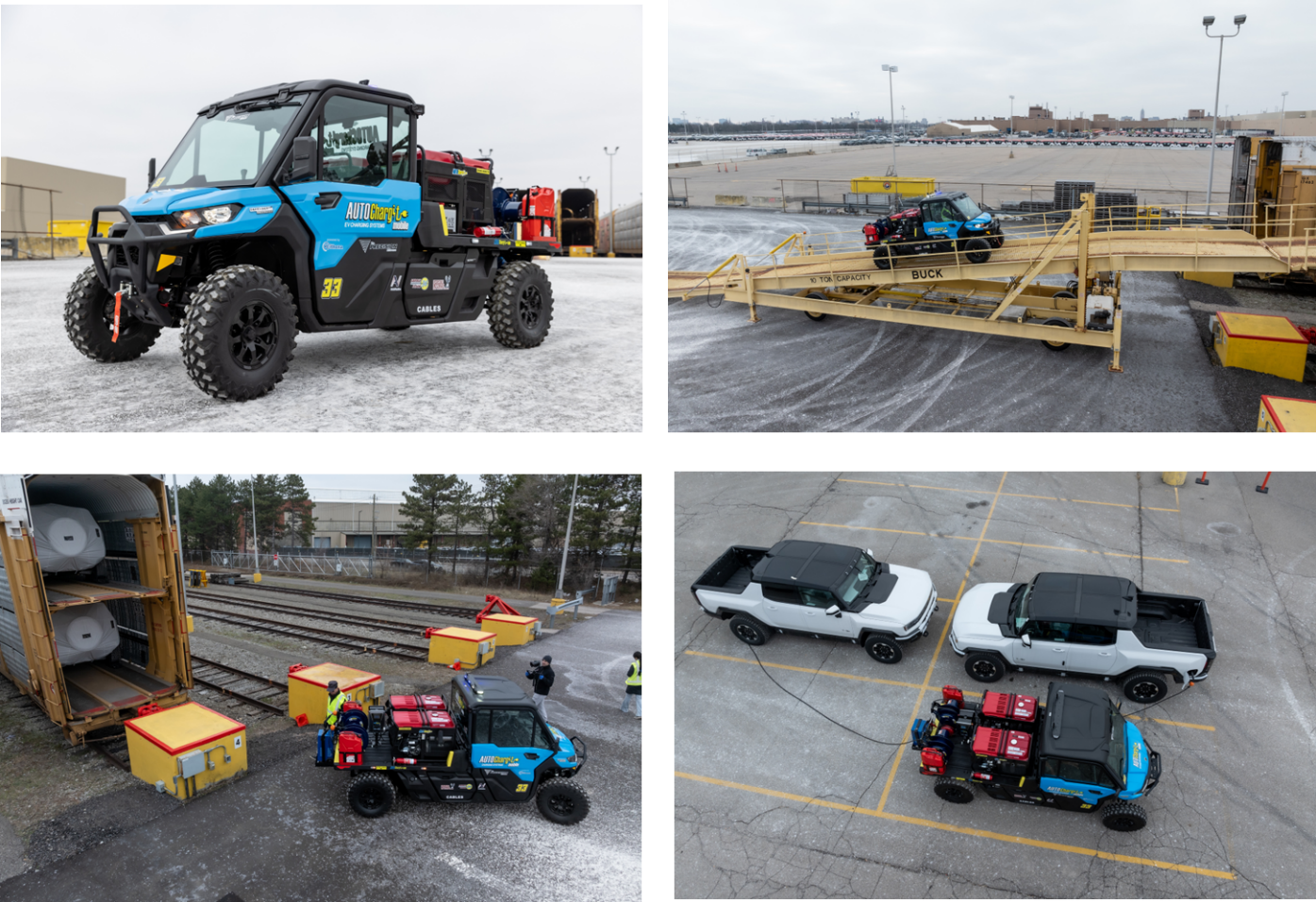 AUTOChargit Mobile UTV Twin L2 EVC entering the train via a ramp, near the side of the train, simultaneously charging 2 EVs in a parking lot.